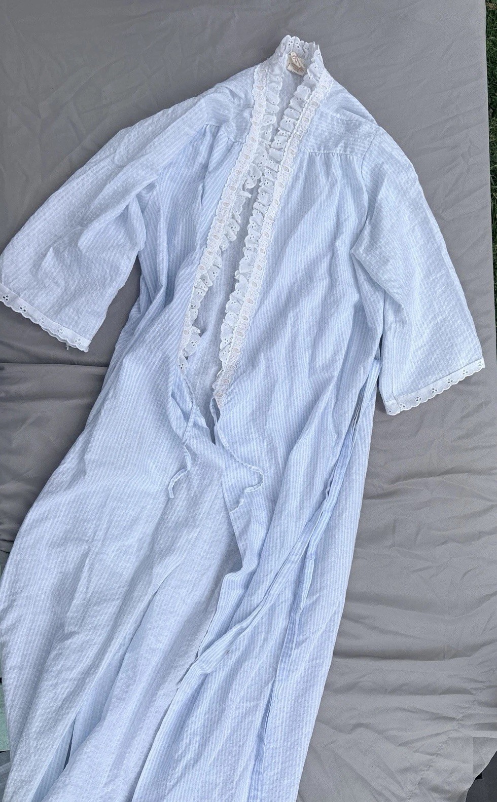 Jennifer Dale Vintage 70s Blue Pinstripe Seersucker Maxi Robe Size 11 S/M