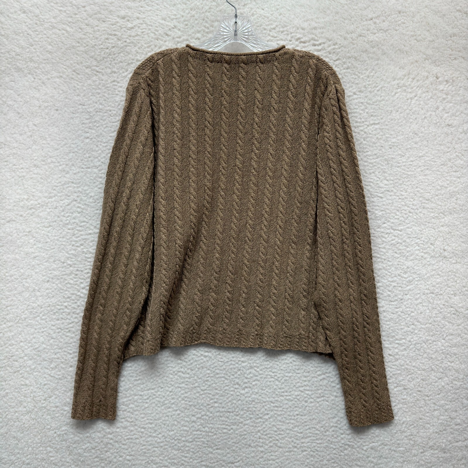 80s 90s Vintage Sweater Large XL Womens Tan Cable Knit V-Neck Fisherman Casual