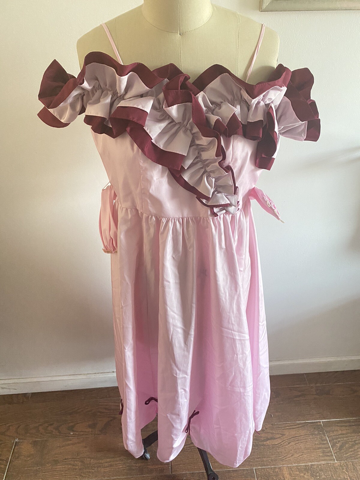 JC Penney Dress Light Pink, Deep Burgundy & Slip Southern Size 9/10 Ruffles Bows