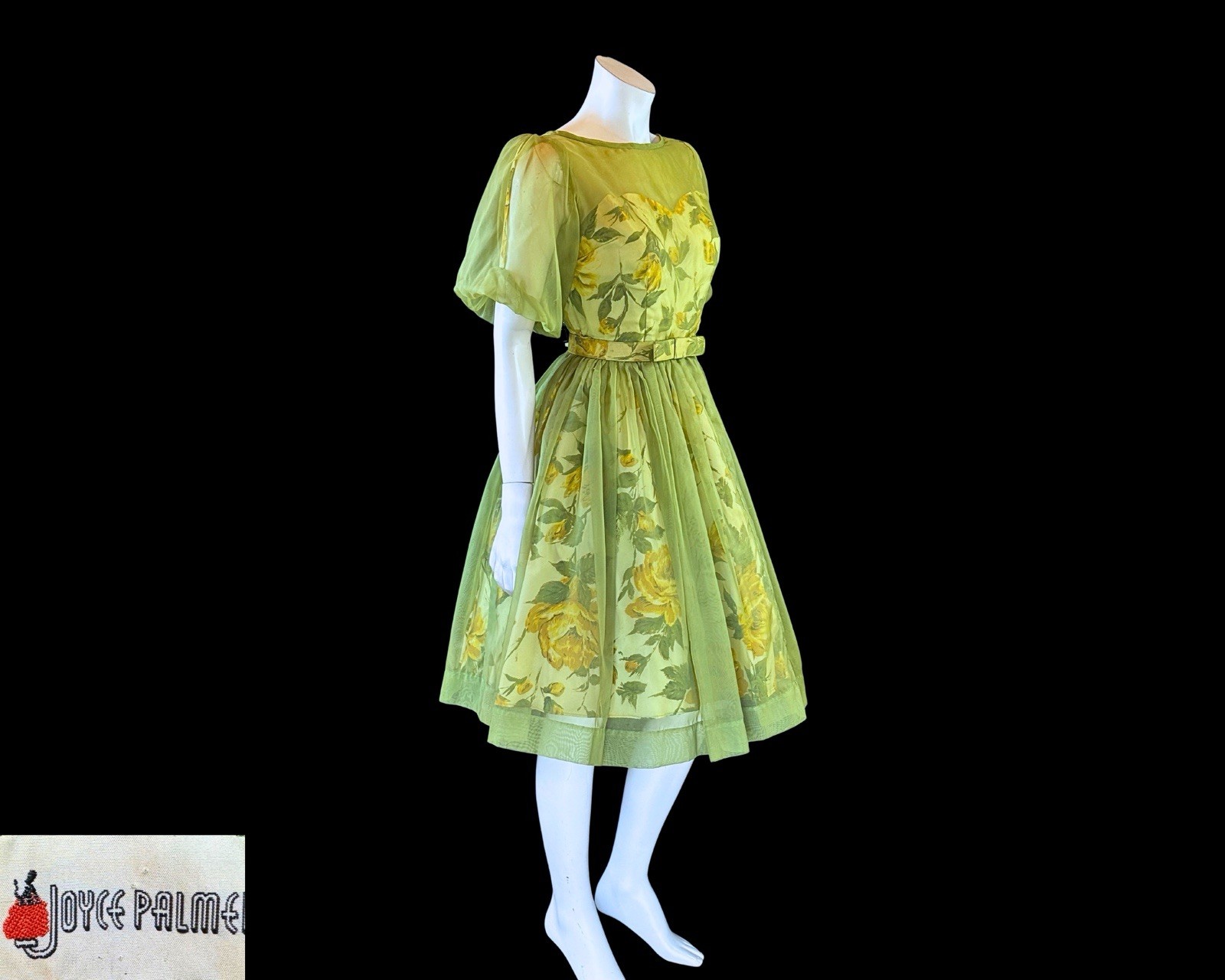 1950s Joyce Palmer Romantic Rose Floral Illusion Dress S