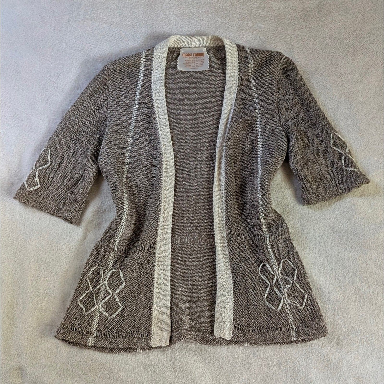 Vintage Mary Farrin Crochet Knit Cardigan Women’s Small Light Brown Cream 70s