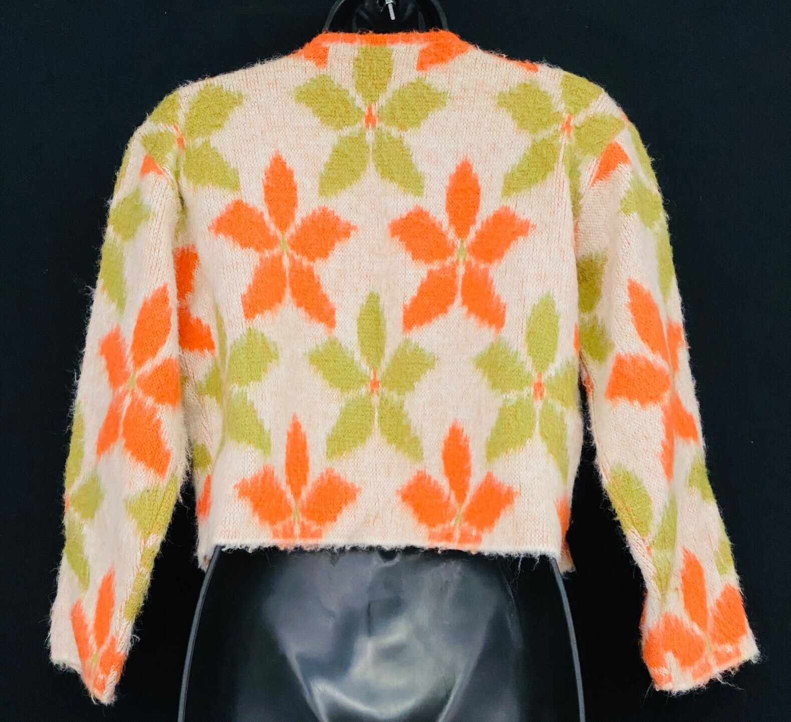 Vintage 1960s orange green floral cardigan sweater knit crop top open front M