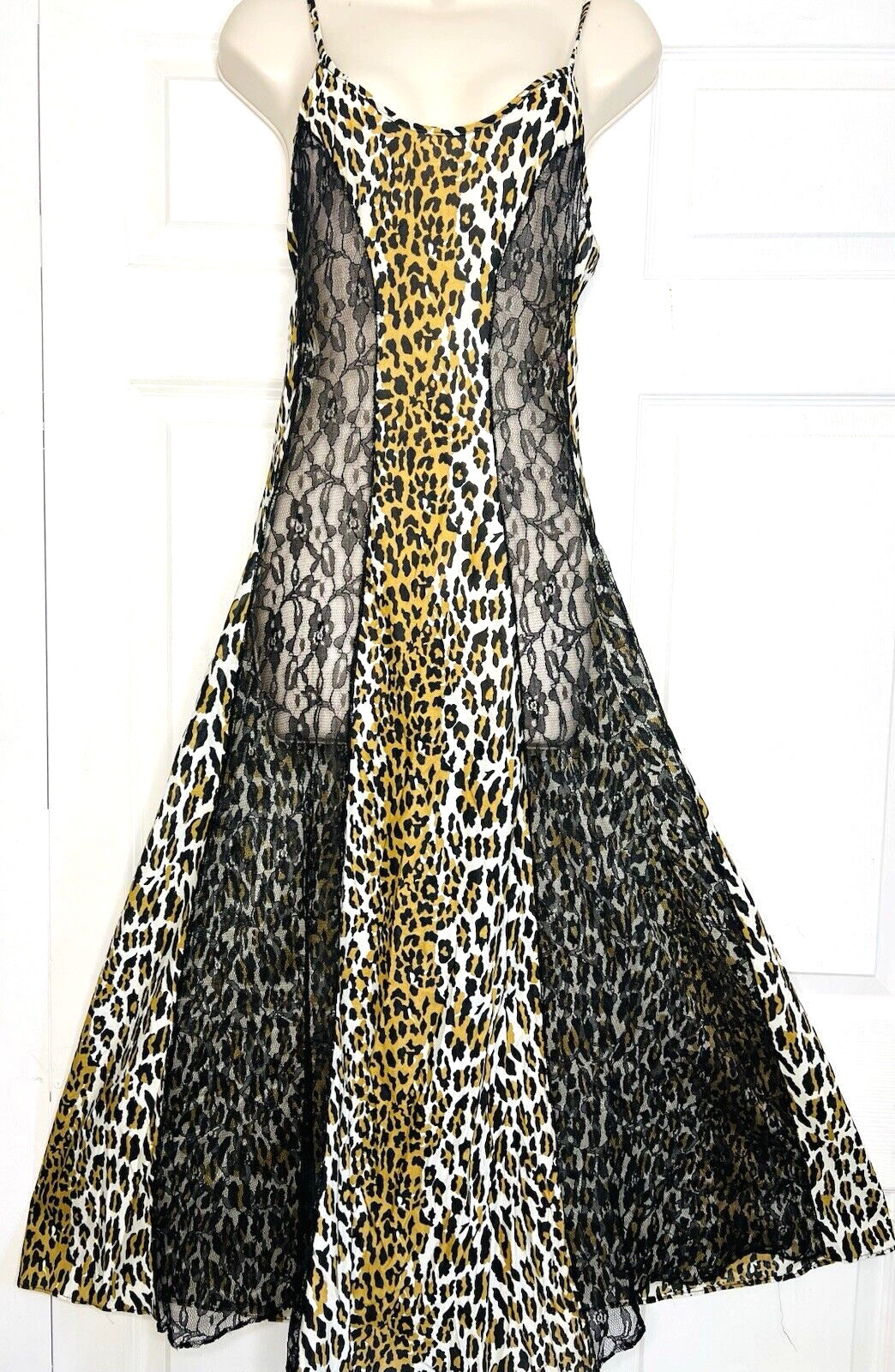 Vtg SEXY Leopard & Black Semi Sheer Lace Panels SMALL Long Negligee Nightgown