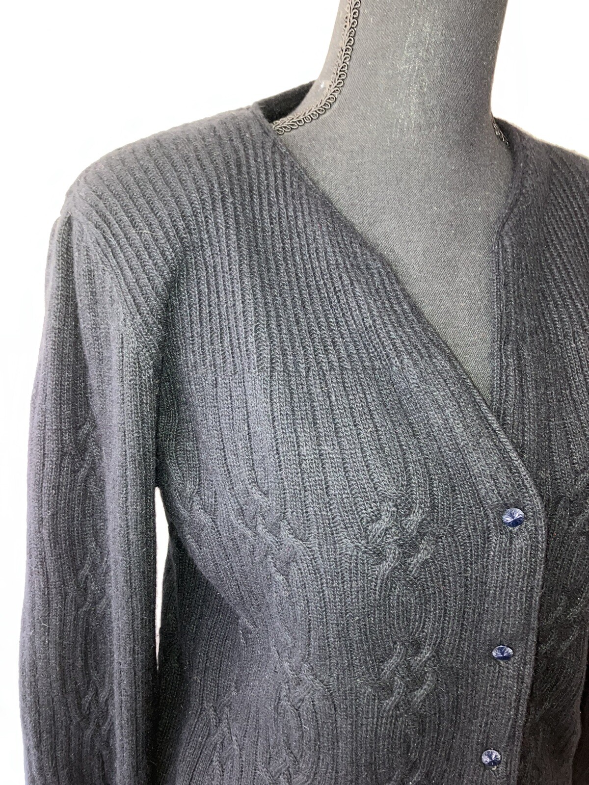 Vintage ’80s David Hollis Black Angora Blend Cable Rib Knit Cardigan Sweater S/M