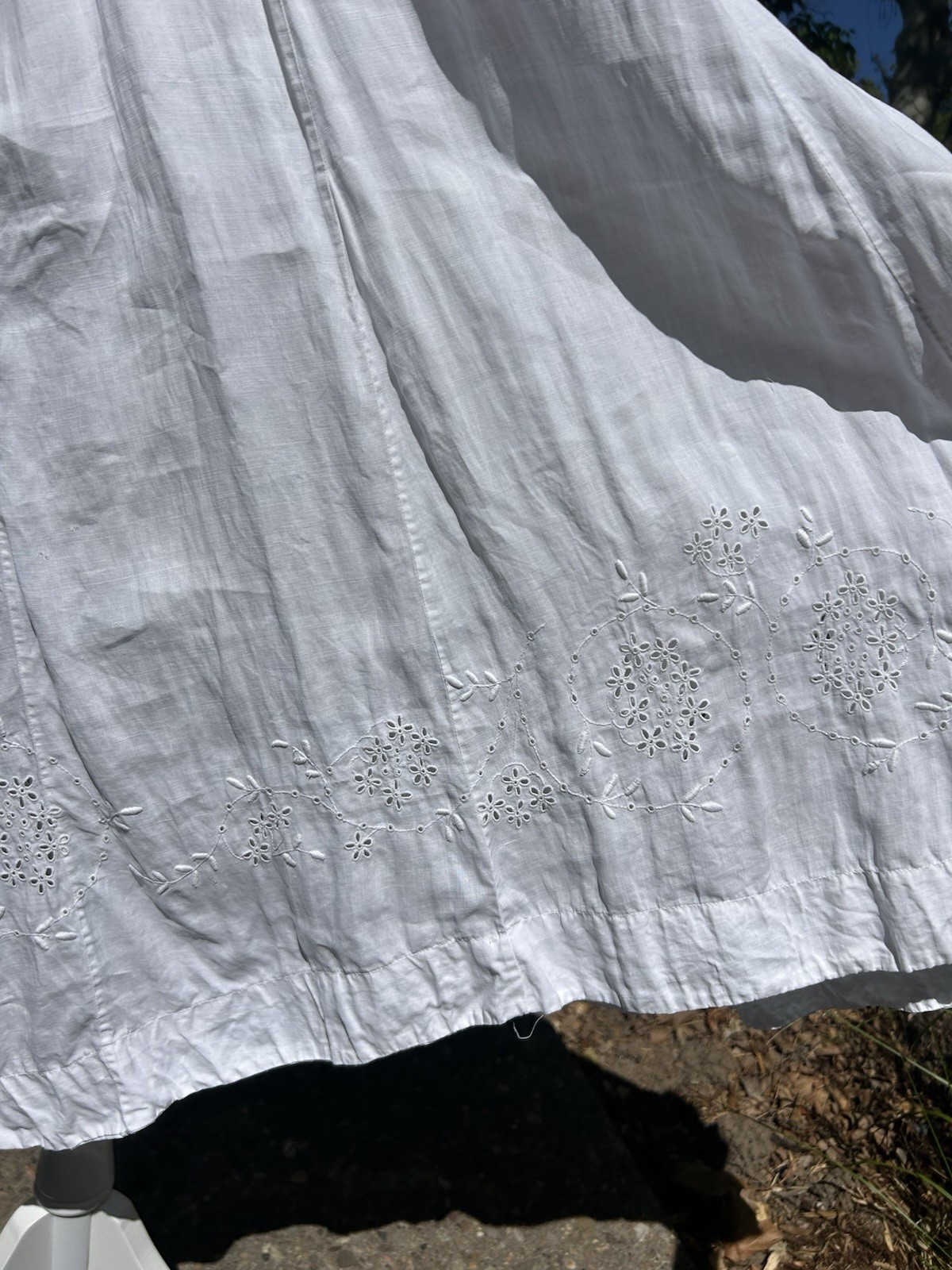Edwardian White Cotton Voile Tea Dress Embroidered Long Sleeve Vintage Sz L