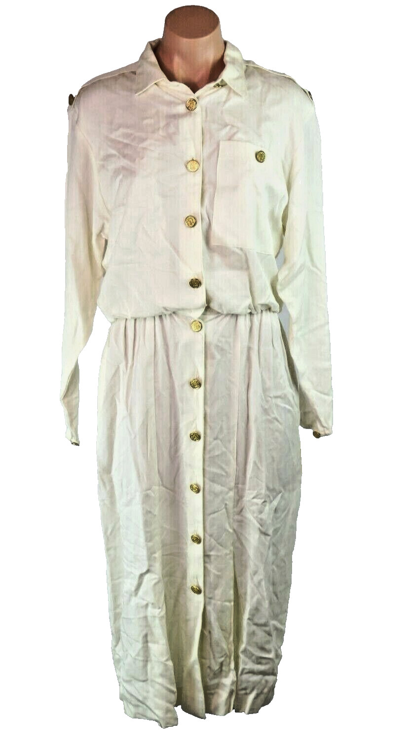 VTG 80s John Roberts Sailing Military Button Front Dress Ivory Sz 11/12 NEW NWT