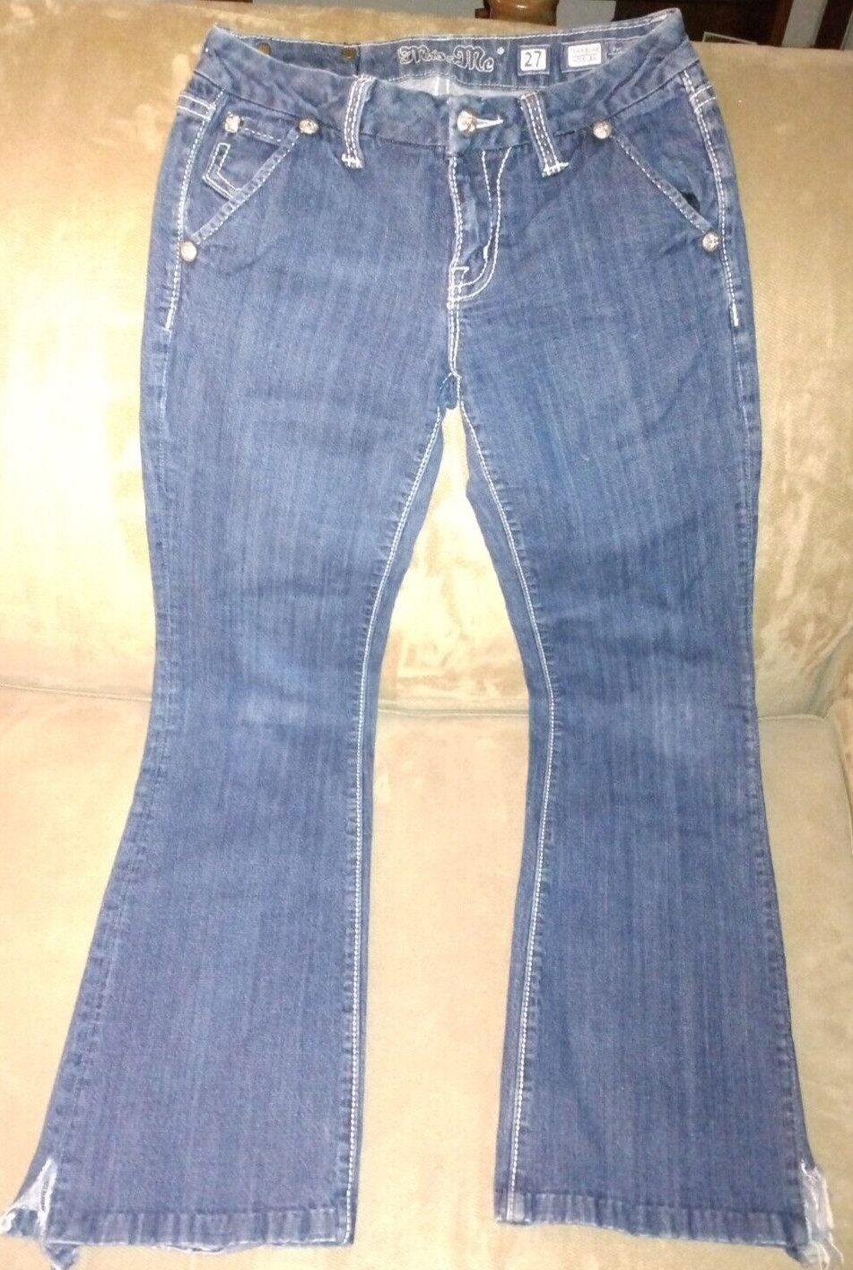 MISS Me 27 STUDDED RHINESTONE DENIM BLUE JEANS BOOT CUT? 29″ W MID RISE jr sz 11
