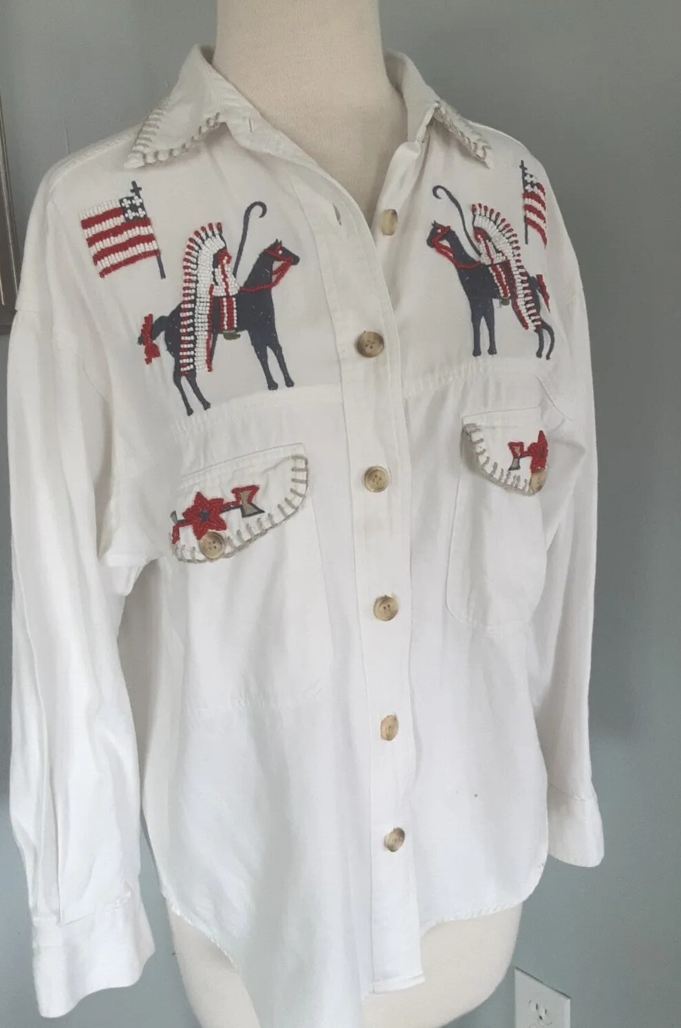 VTG/RARE•BEADED WESTERN SHACKET•INDIAN CHIEFS•HORSES•FLAGS•SZ S-M•CAMBRIDGE CO.