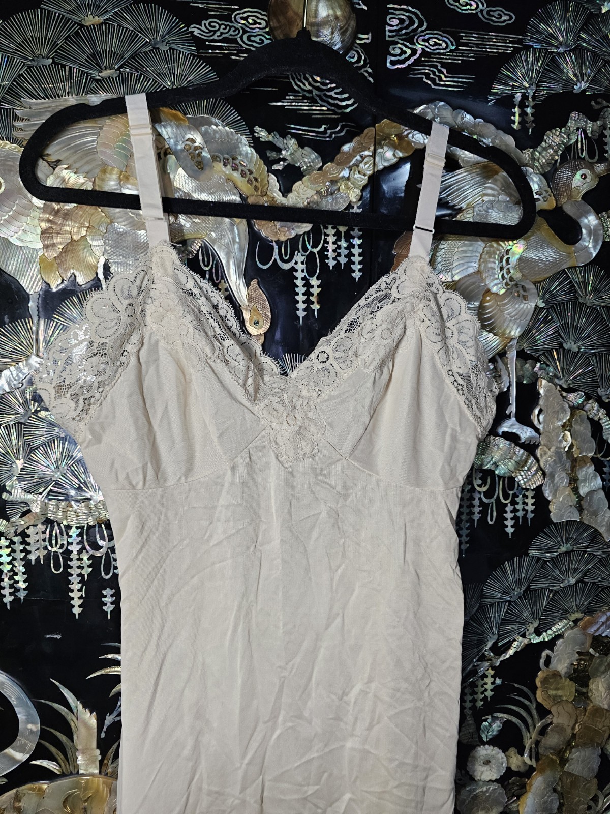 Vintage Beige Cream Ivory Nightgown Slip Lace Trim Adjustable Strap S 34 Baronet