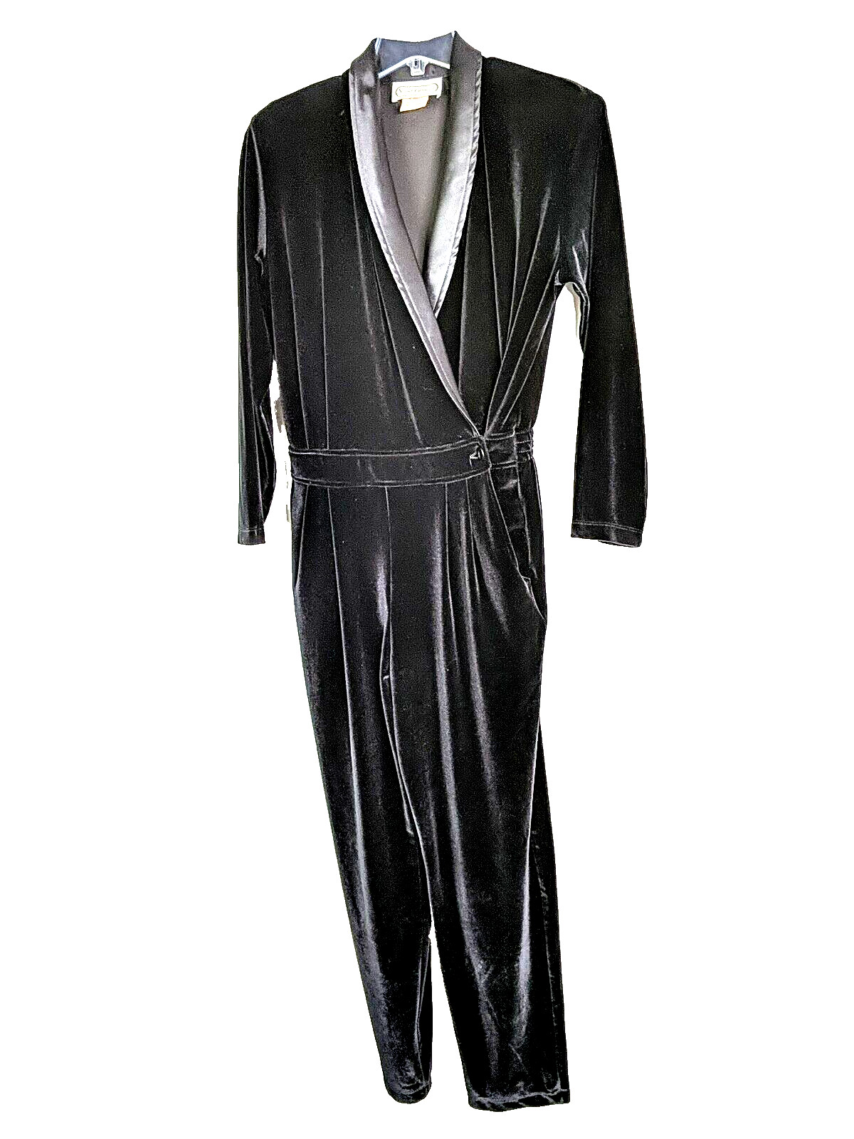 Saint Germain Paris Black Velvet Wrap Jumpsuit Pant SZ Medium Vintage Satin Y2K