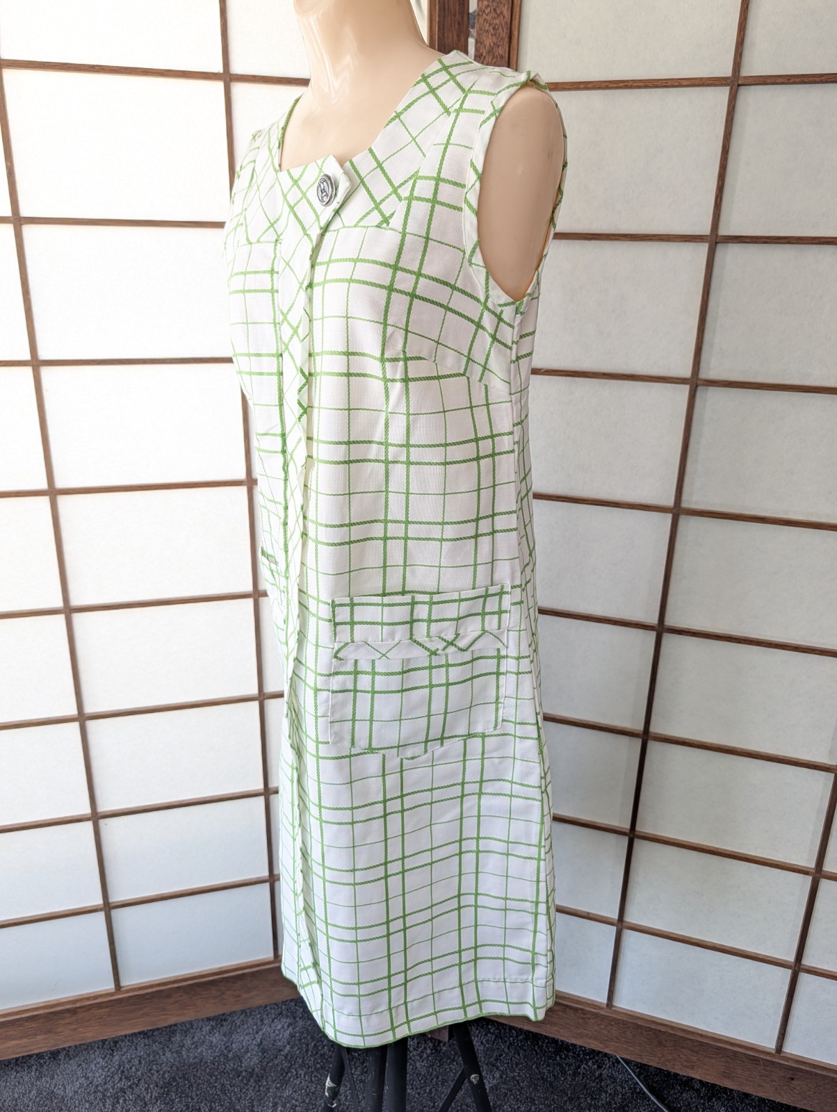 Vtg 1970s A-Line Shift Day Dress Light Weight NWOT Size M/L Mod Plaid Sleeveless