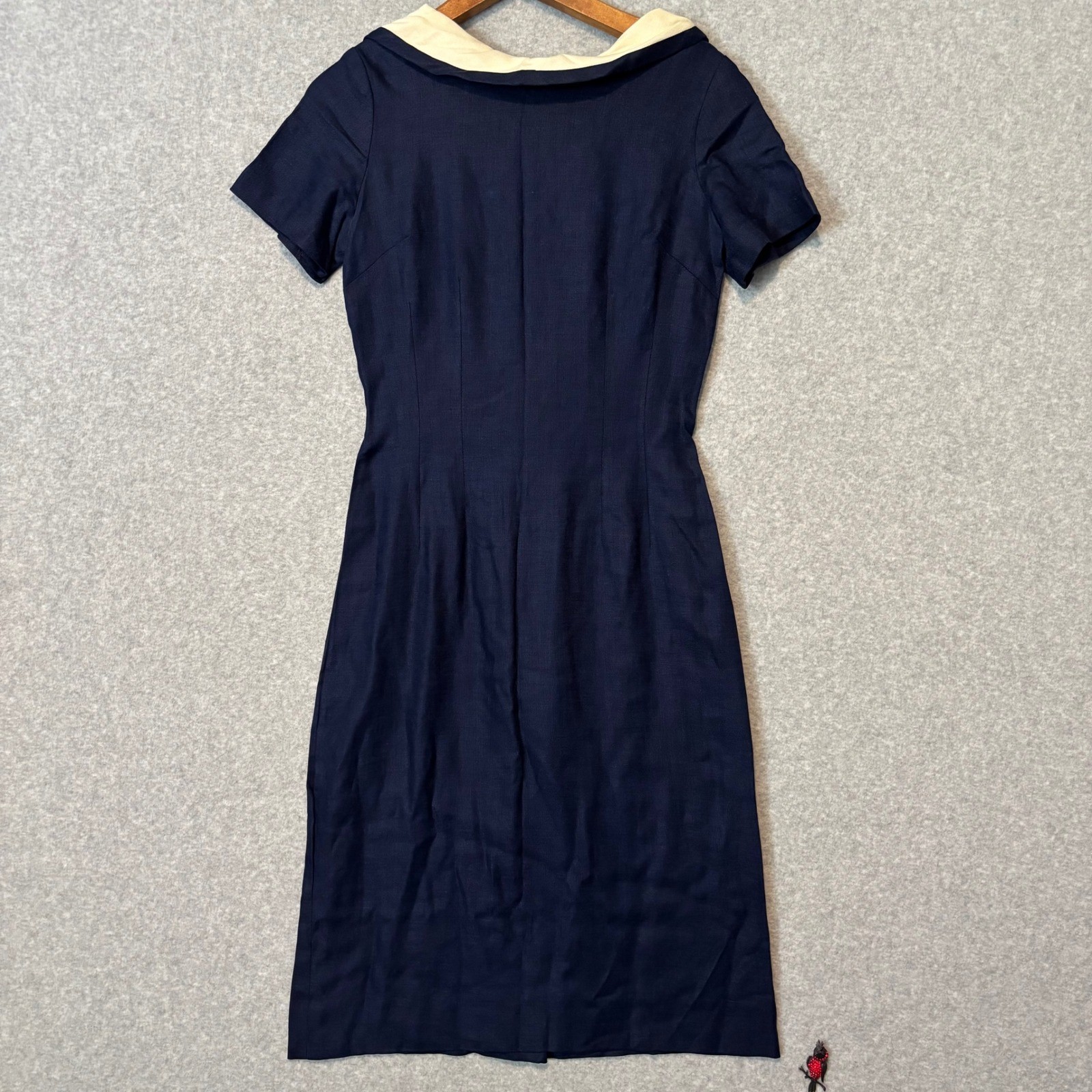 Vintage 50s Henry Rosenfeld Navy Blue Dress Cream Shawl Collar Linen Sheath Midi