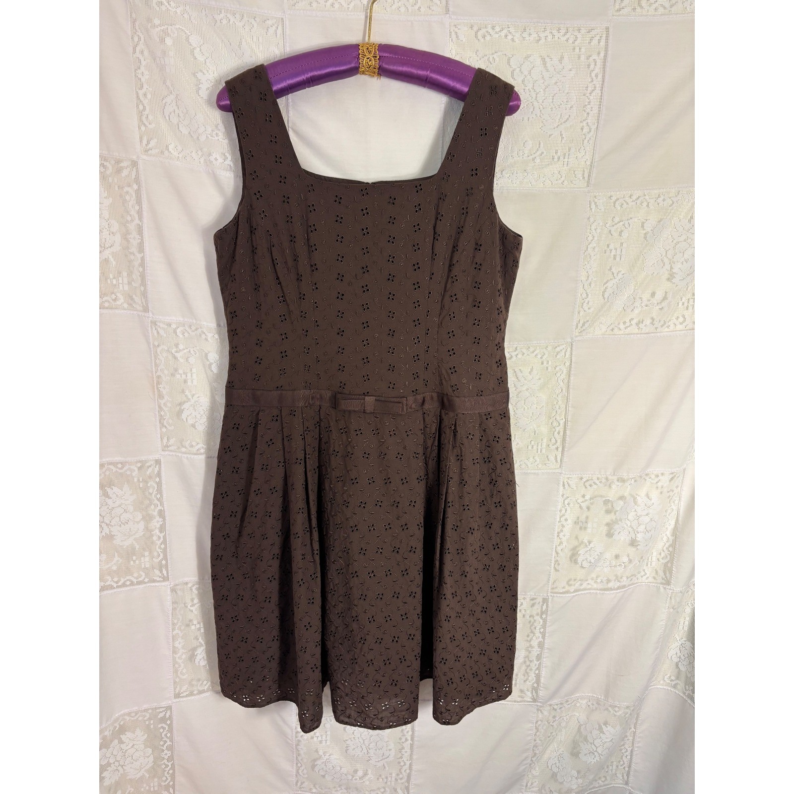 VTG Brown Cottage Twee Bow Front Babydoll Cotton Eyelet Midi Dress Size XL