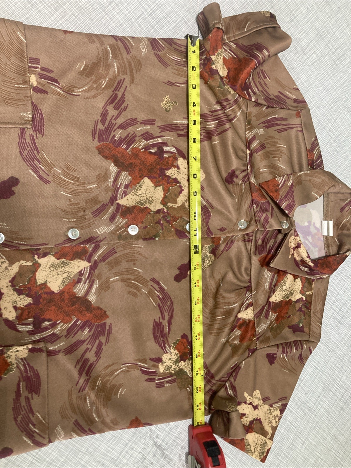Vtg 70s Polyester Smock Blouse Top Abstract Earth Tone Disco Collar GUC Retro