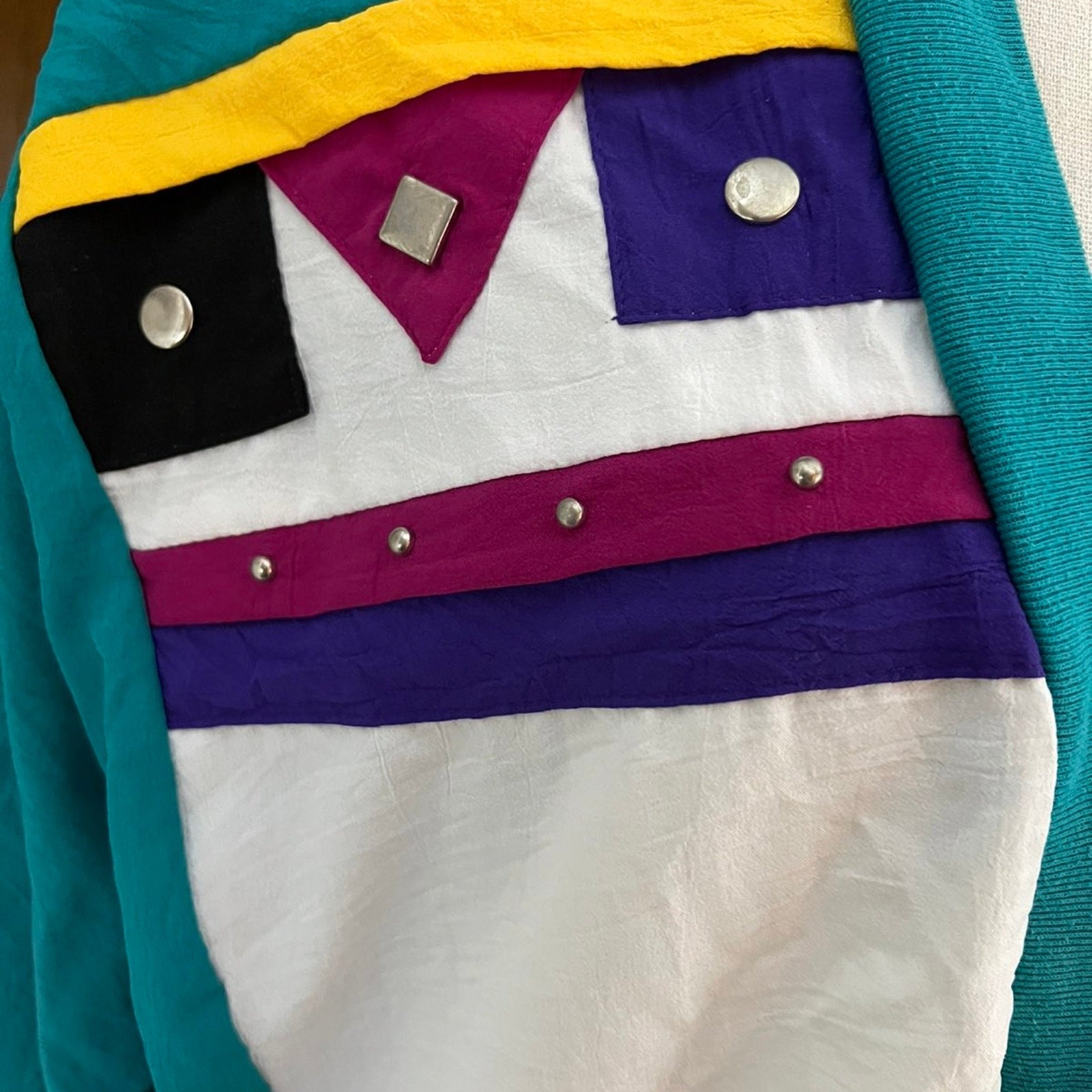 Vintage 80s Teal Colorblock Windbreaker Jacket Geometric Studded Large