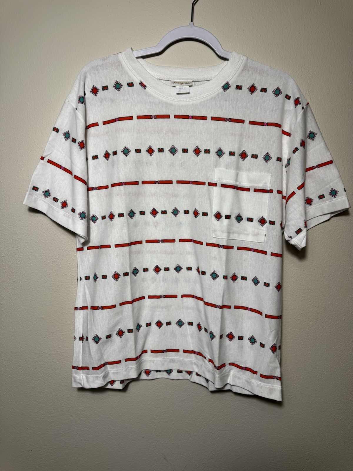 Vintage 1980’s Woman’s Incognito Pocket T-Shirt Geometric Shapes Design Size Med
