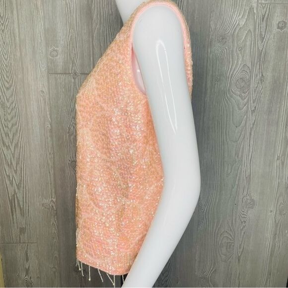 Vintage 1960s pink beaded sequin tassel fringe silk shirt barbie core sleeveless