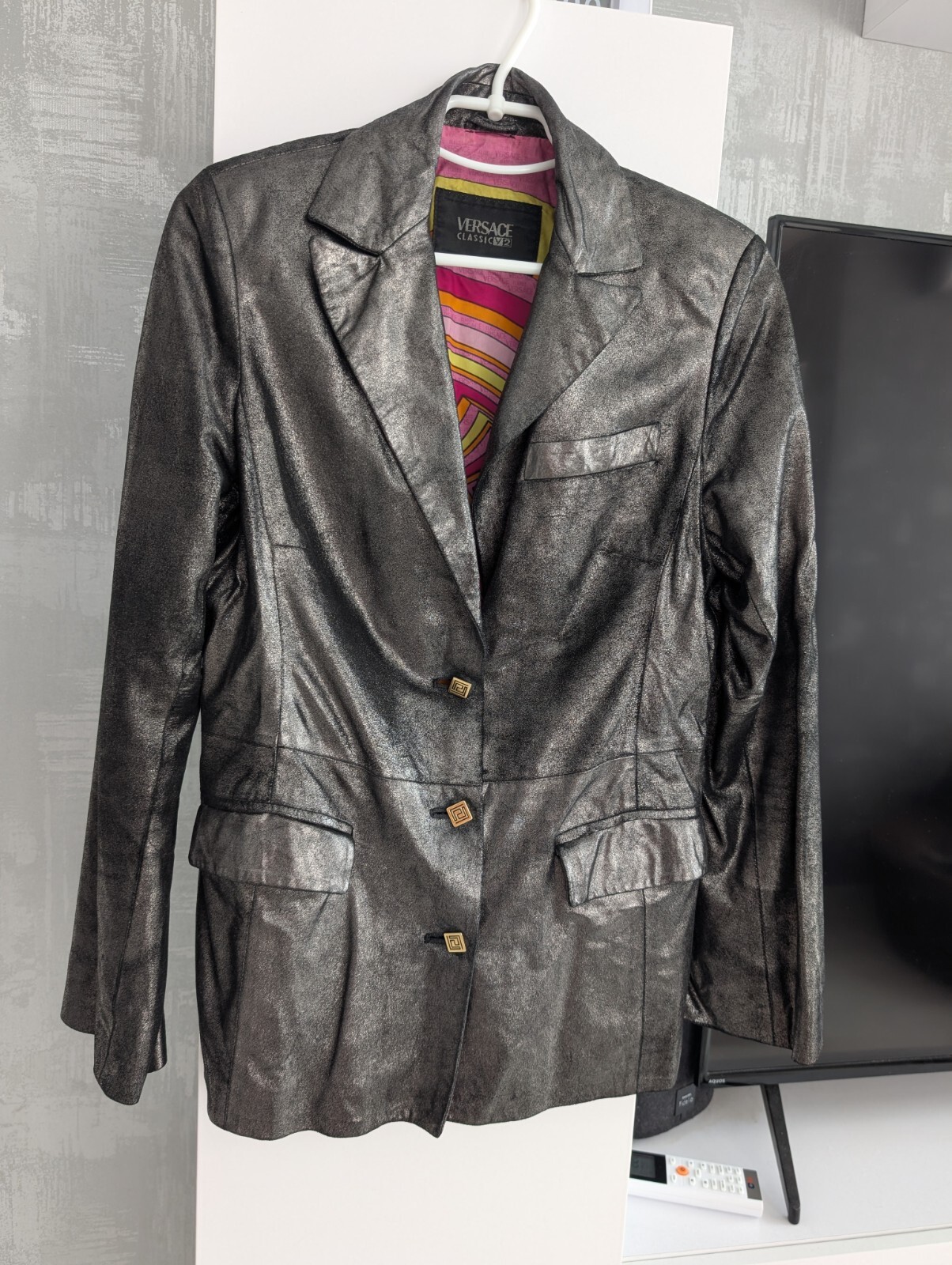 Versace Classic V2 Soft Shiny Leather Jacket Blazer Iridescent Metallic Gray M