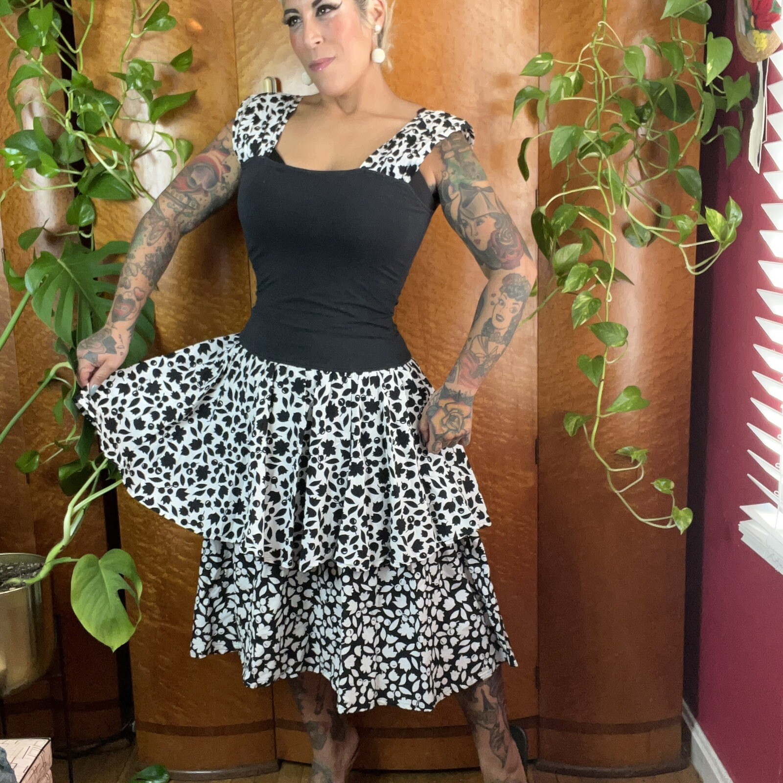 CHERRY PRINT Black & White Cotton 80’s 80s Italian Vintage Dress Sundress S M