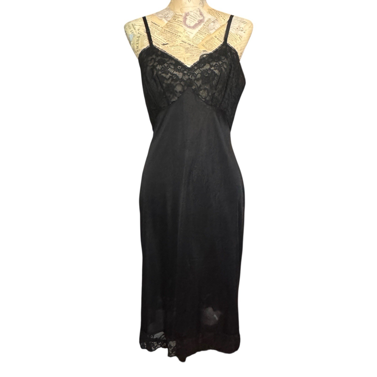 VTG 1960s Vanity Fair Slip Womens 34T Black Nylon Lace Lingerie Sissy Boudoir