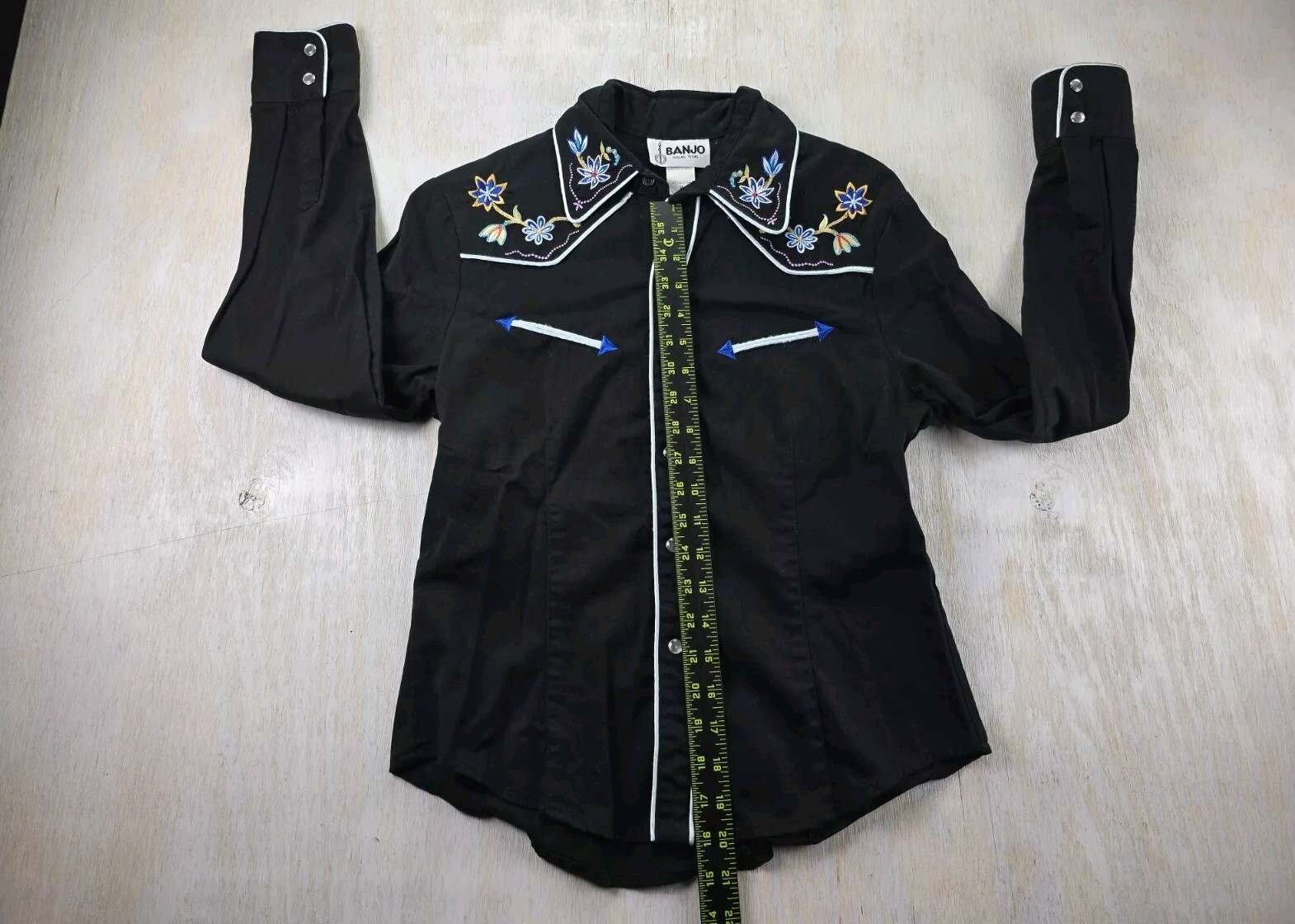 VTG Banjo Floral Arrows Black Western Sz M Women’s Shirt Rodeo Dallas Texas USA