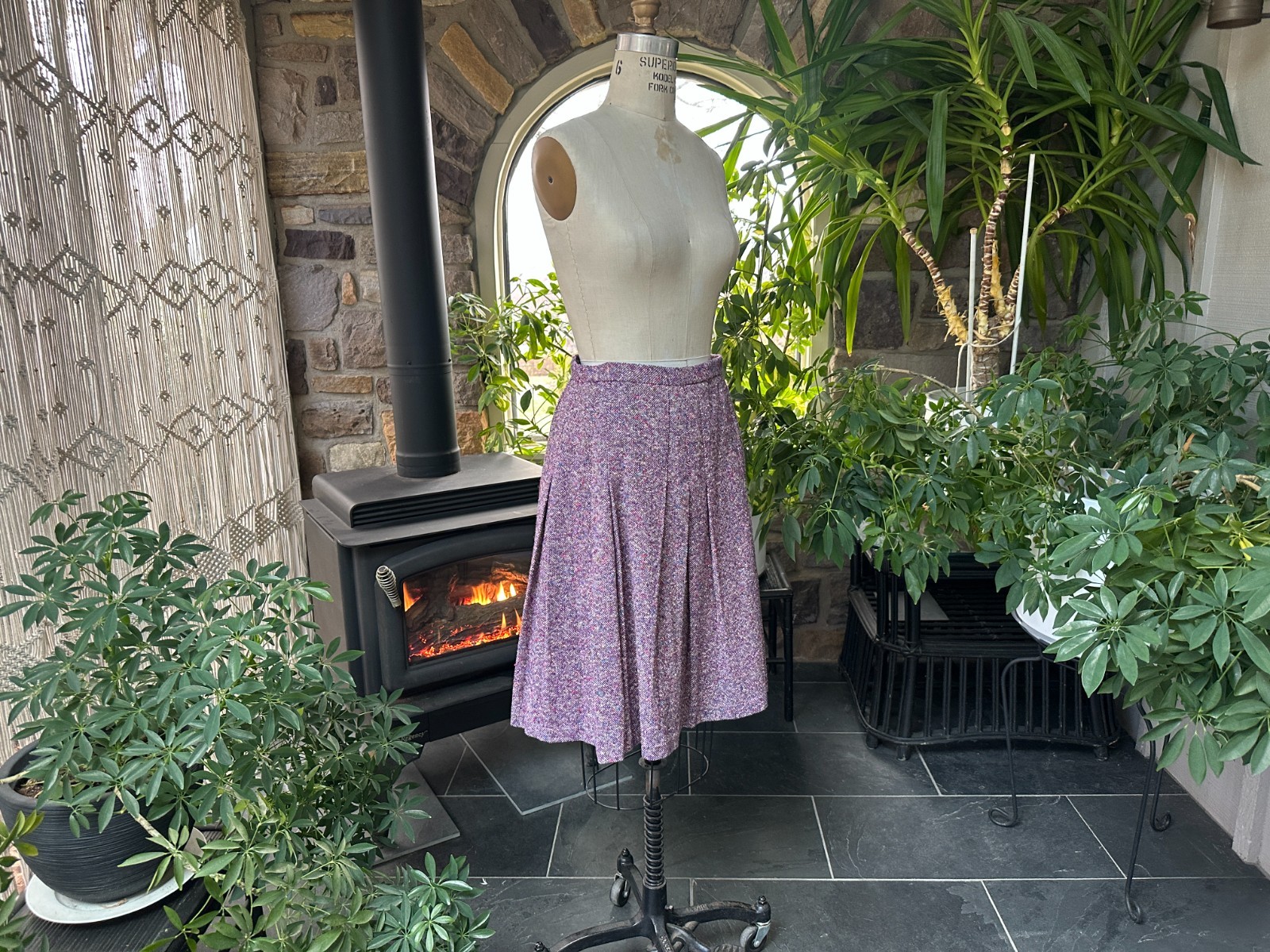 Vintage 1970s Purple and White Tweed Pleated Skirt Country Set