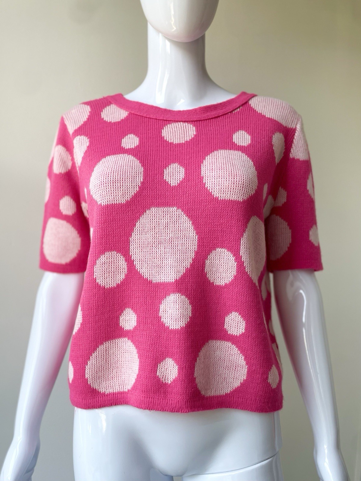 Vintage M L Sweater Top 60s Pop Art Cropped Hot Pink Polka Dot Bubbles VGUC