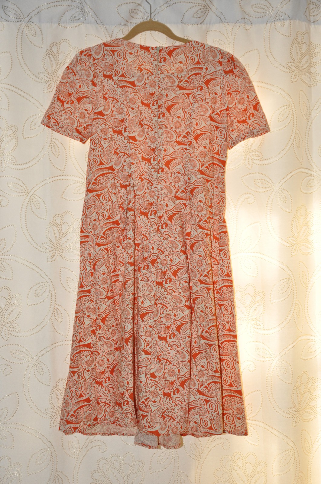 60s Vintage Orange Cream Cotton Floral Pleated Full Skirt Midi Day Dress Women S