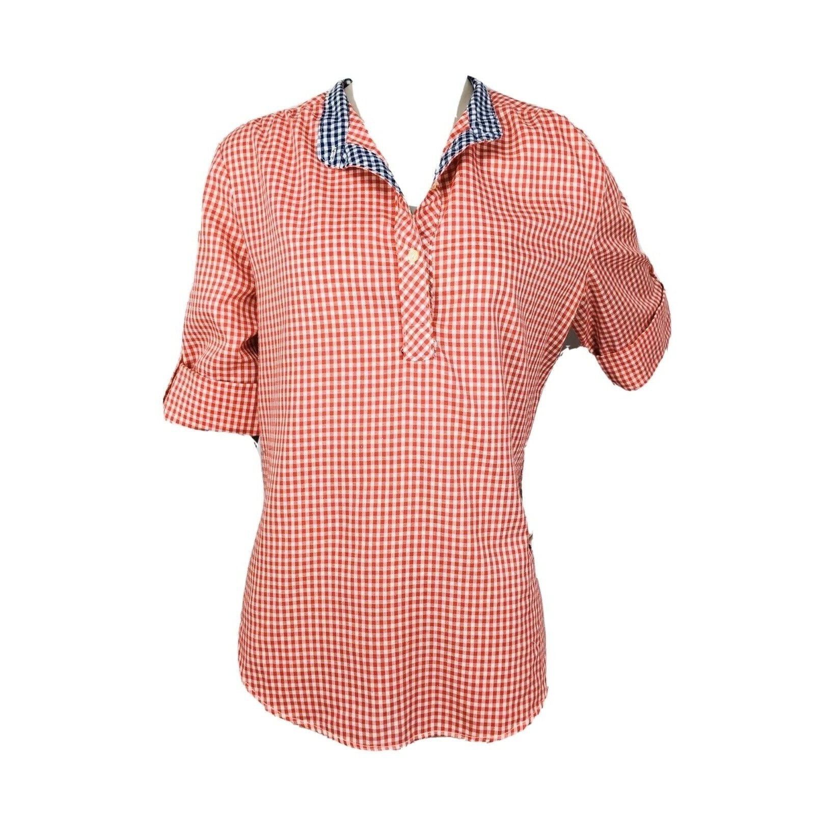 Ms Paquette Vintage 70s Western Farmhouse Check Pullover Roll-Tab Sleeve Top