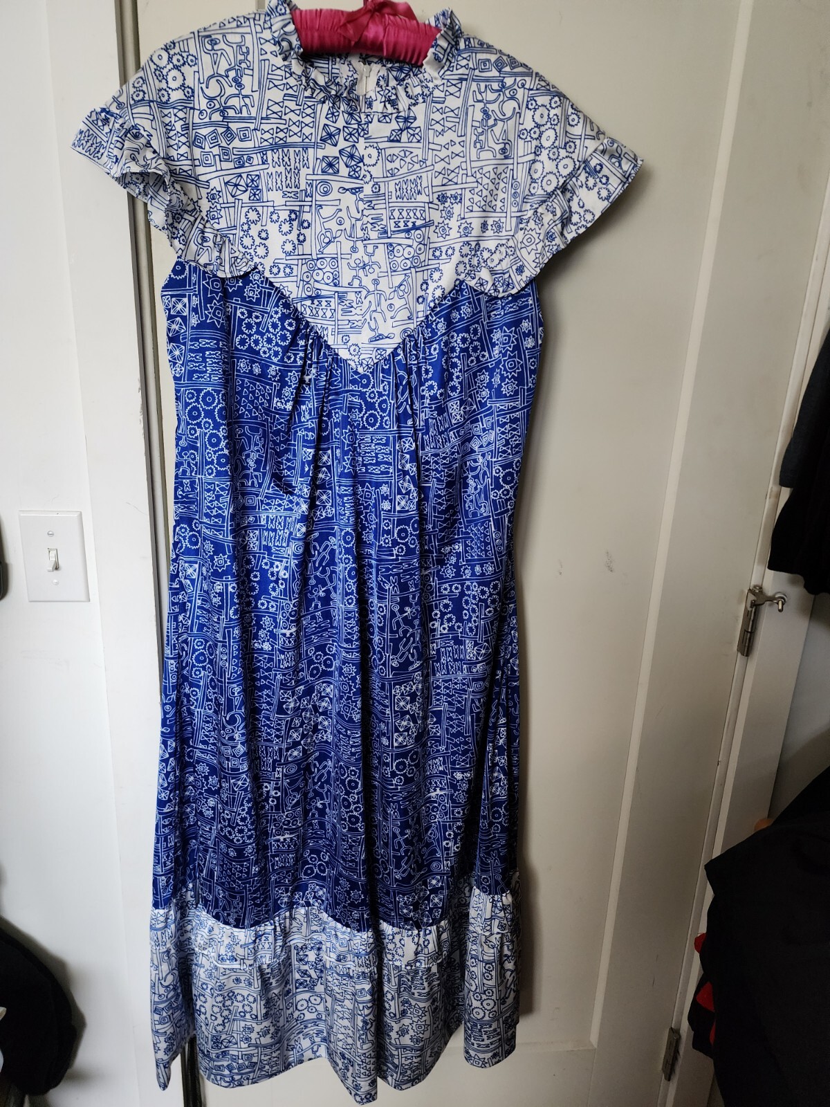 Vintage Napili Blue & White Tribal Design Sleeveless Muumuu Dress Size 2XL XXL