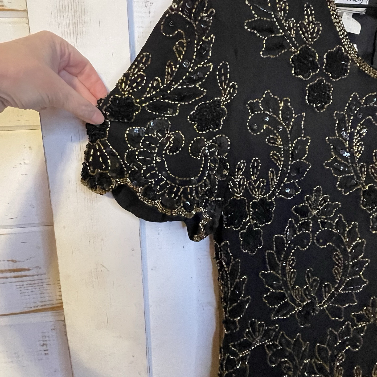 STENAY NWT VTG Black Gold SILK Floral Beaded Sequin Tiered Evening Gown Dress 14