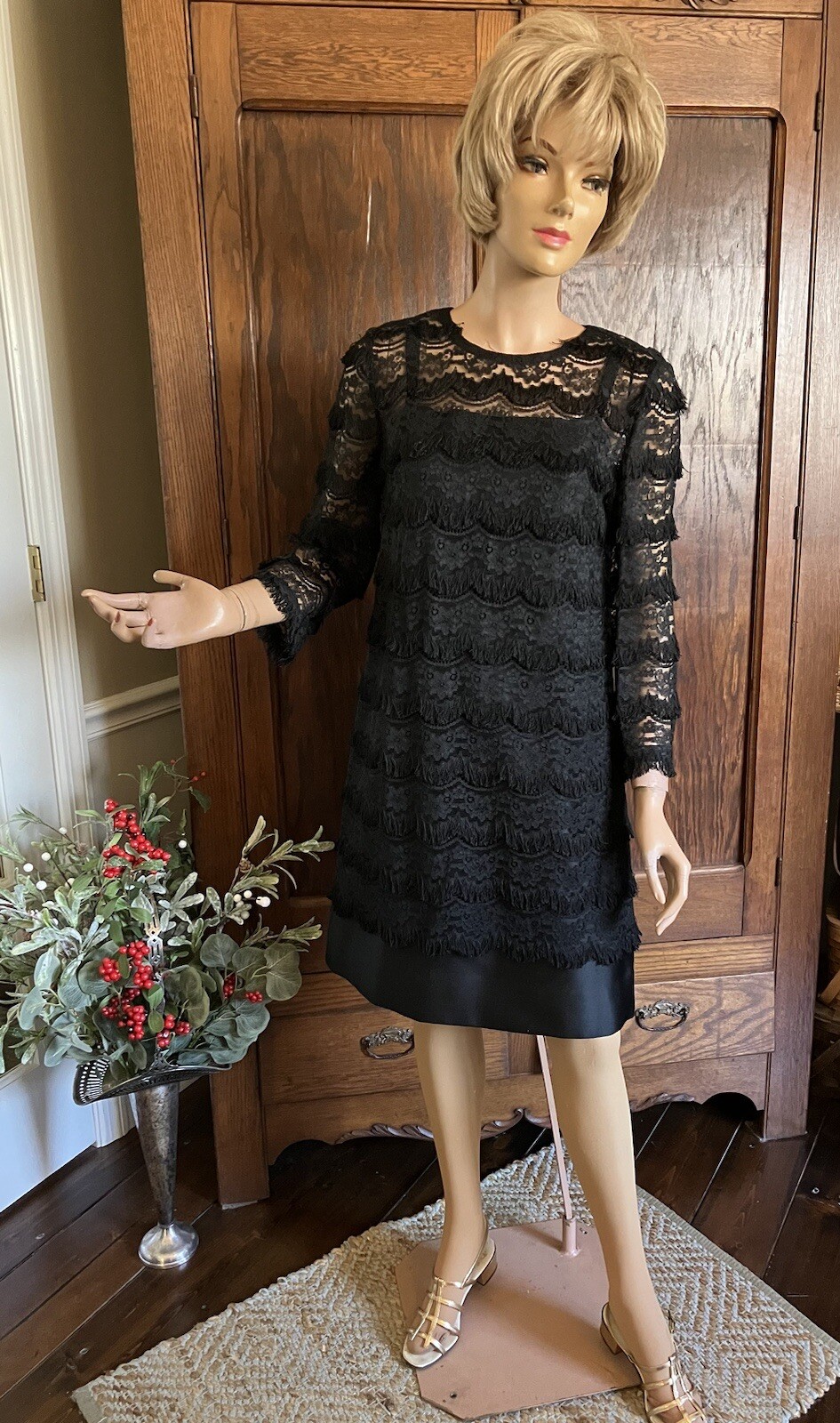 Vintage 1960’s-70’s LITTLE BLACK DRESS, 2 pieces, FRINGE & LACE over SATIN DRESS
