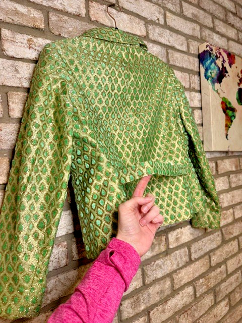 VTG T. Jones 1960s 2pc Skirt Suit Green Gold Brocade Mod Jackie O Set Sz S/M