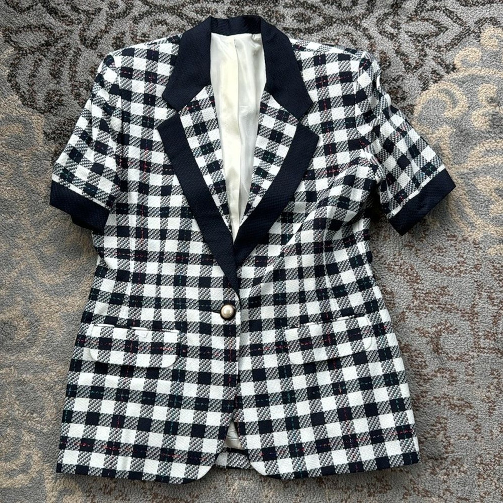 Vintage Rafael Linen Blend Plaid Skirt, Blazer & Purse Set Black White 16