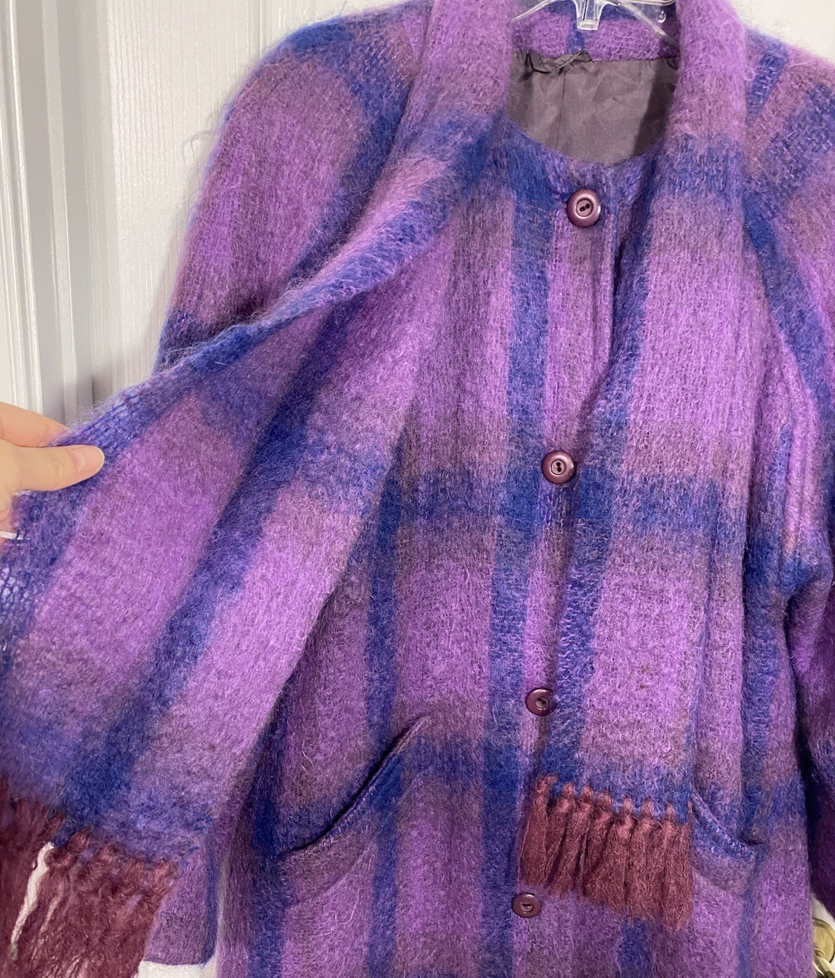 90s Donegal Design Mohair Wool Plaid Scarf Collar Coat Ireland Made VTG Large