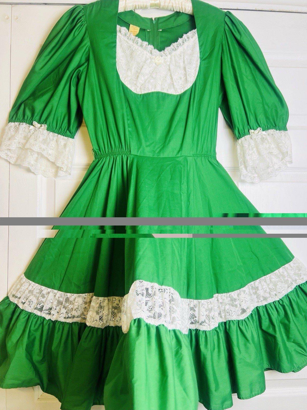 Vtg Partners Please Green White Lace Trim Flare Swing Square Dance Dress Size 12