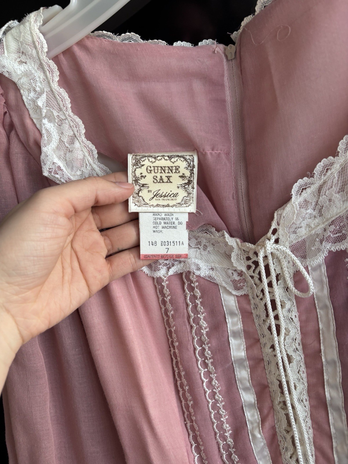 Gunne Sax by Jessica 1970s Prairie Lace Ribbon Dress Bohemian Pink White Size 7