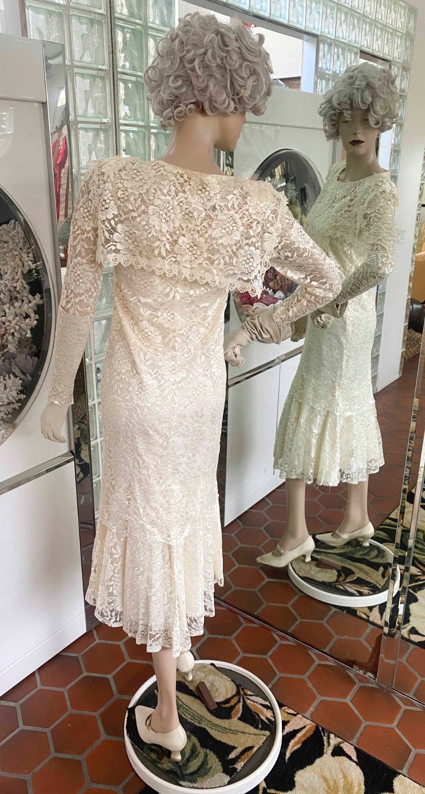VTG 1980s copies 1920s-Ivory Lace Drop Waist Dress size XSP Fapper Gatsby