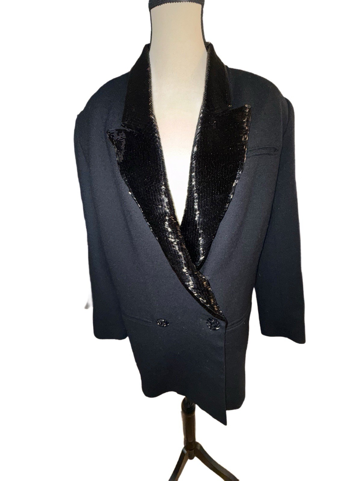 1980’s Black Wool Silk Beaded Blazer Eleanor P Brenner Quiet Luxury Shoulder