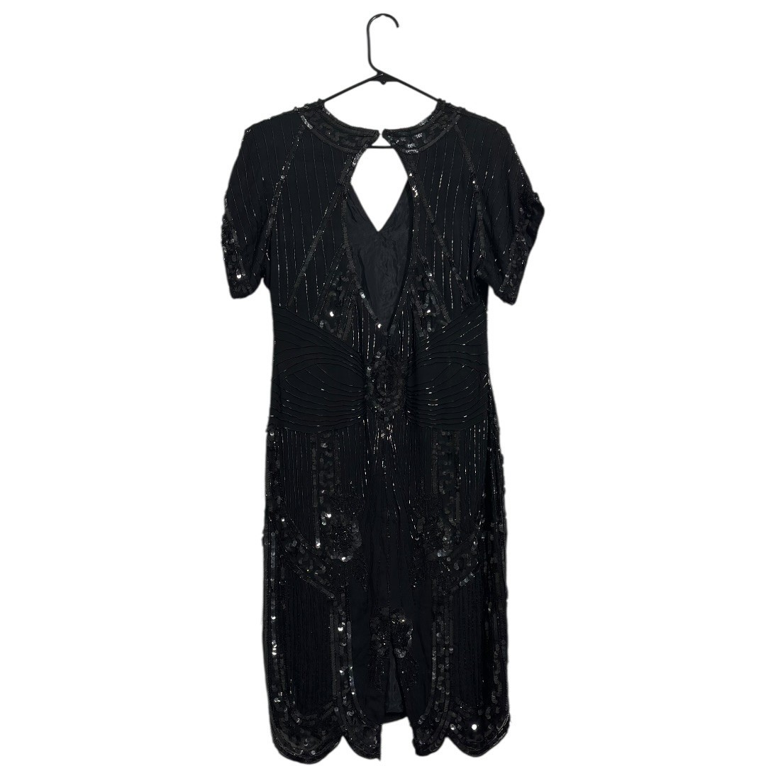 SweeLo Vintage 1920 Black Beaded 100% Silk Flapper Dress Sequin Art Deco Size PL