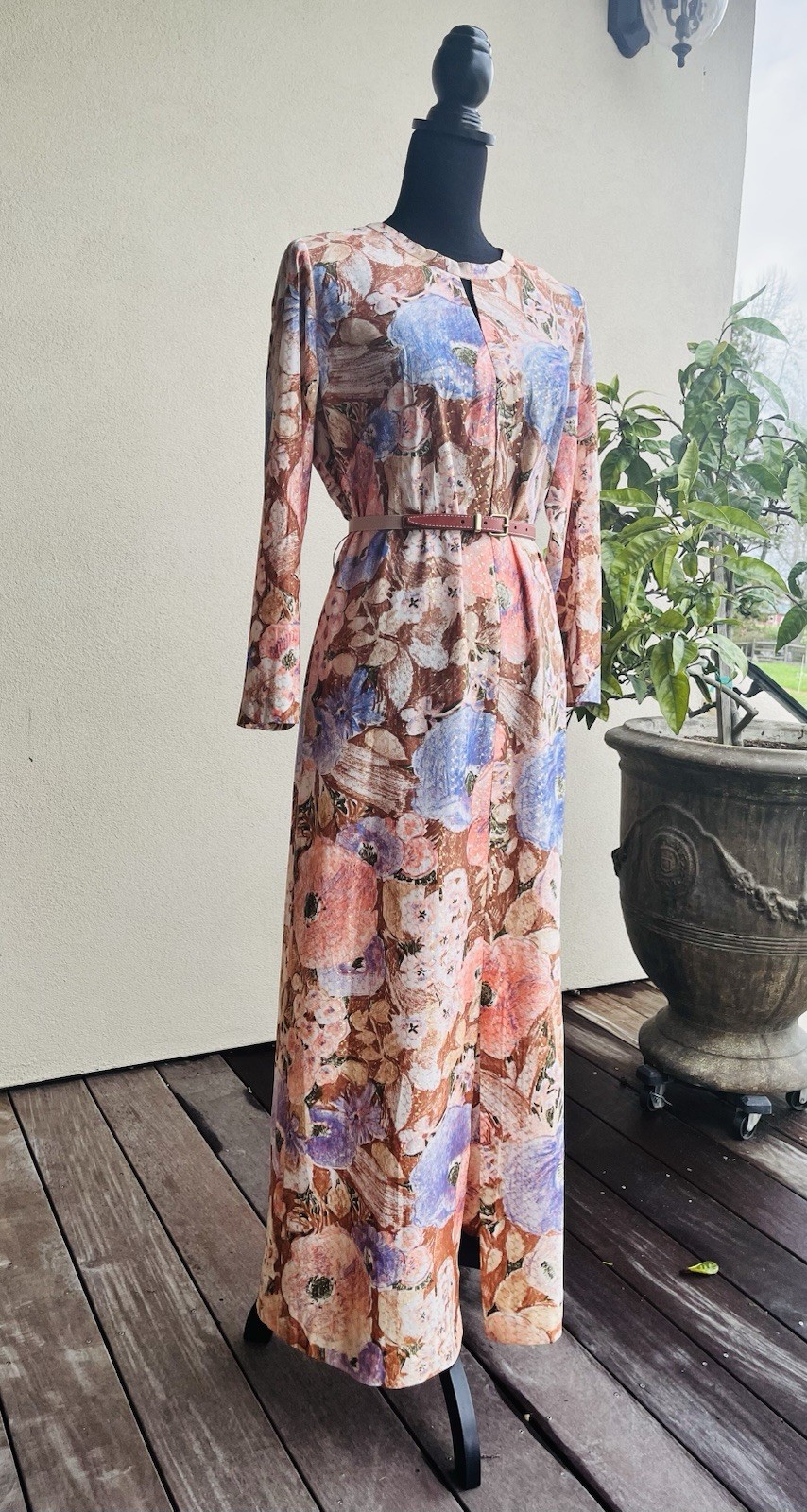 Vintage 70s Maxi Dress Long Sleeve Boho – British Lady – Gold Coral Blue Medium