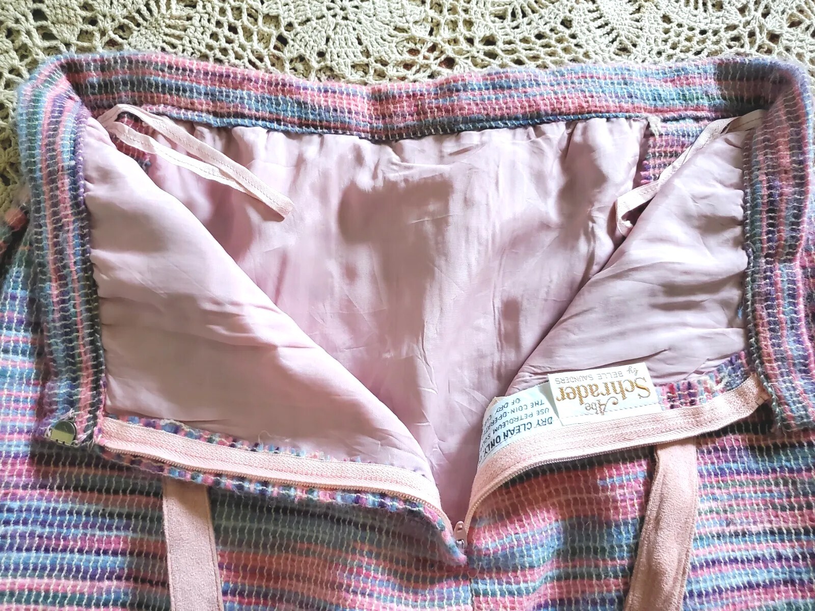VTG 70s Striped Woven Pastels Midi Skirt w/Ultra Suede Rose Belt S