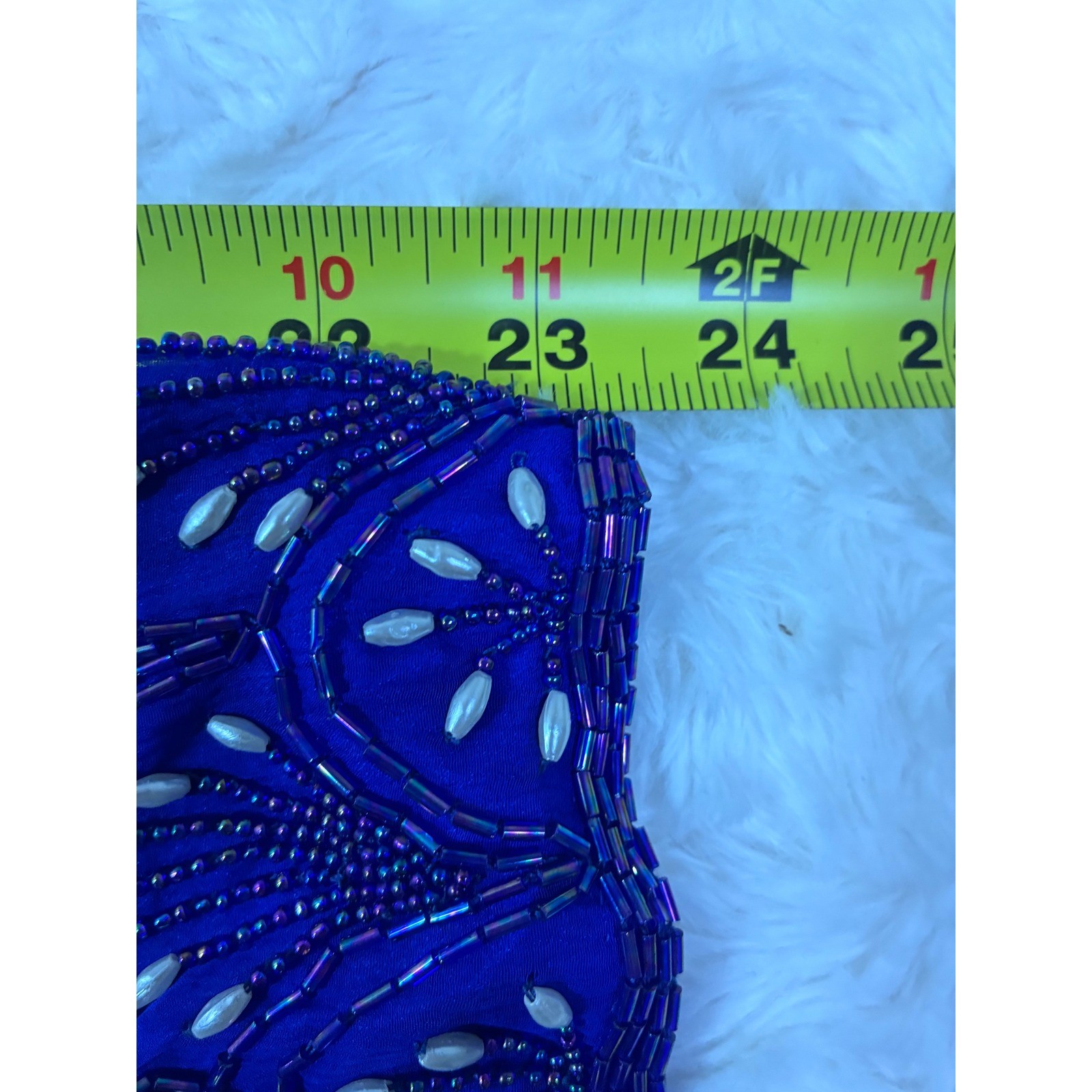 Vintage Royal Blue Silk Beaded Blouse Pearl Scallop Evening Top Small Elegant