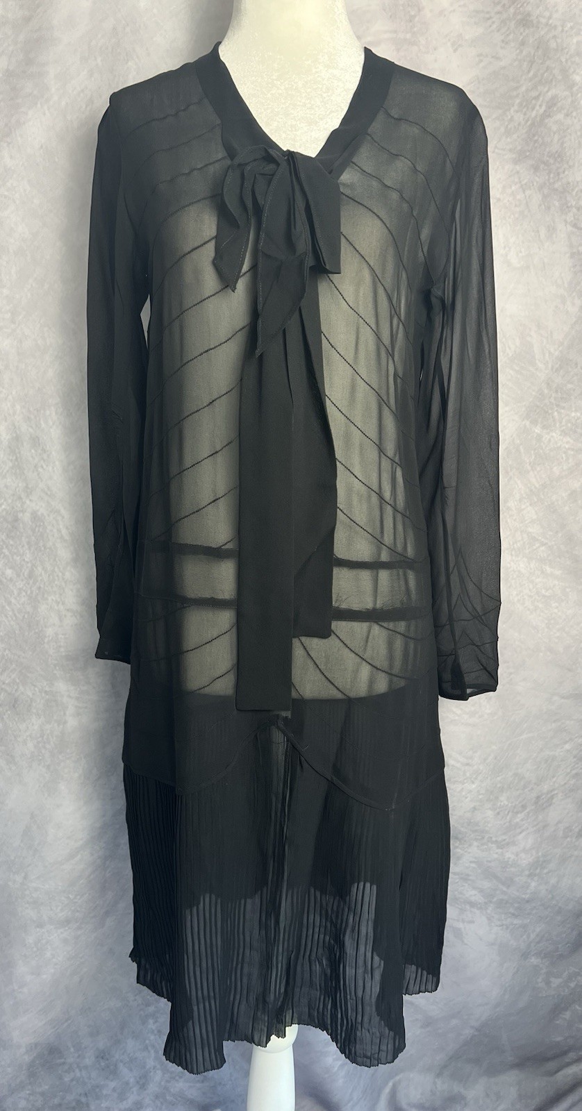 Vintage 1920s-early 1930s Black Chiffon Crepe Drop waist Dress Micropleat Skirt