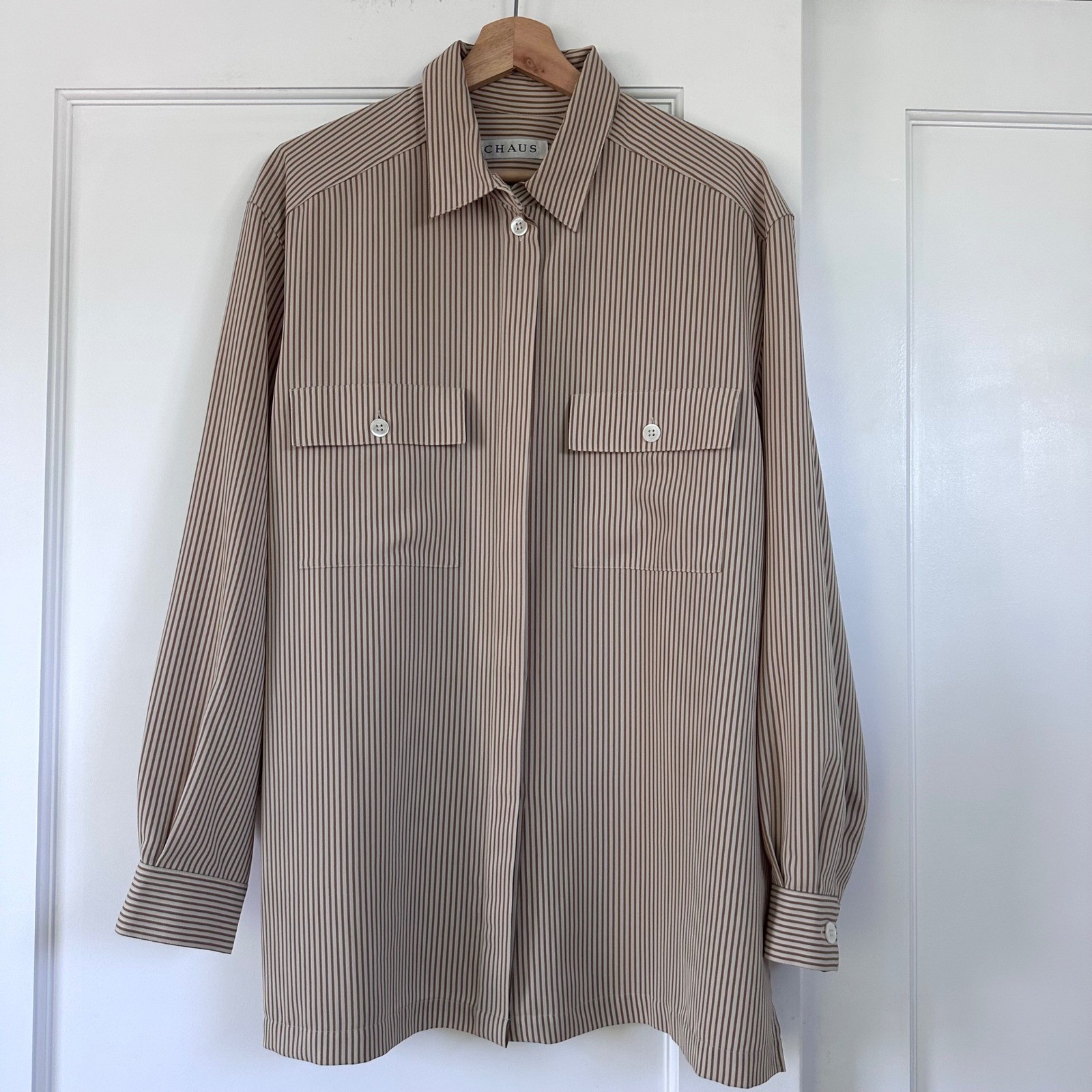 Vintage Chaus Striped Utility Blouse Womens 16 Taupe Cream Button Up Minimalist