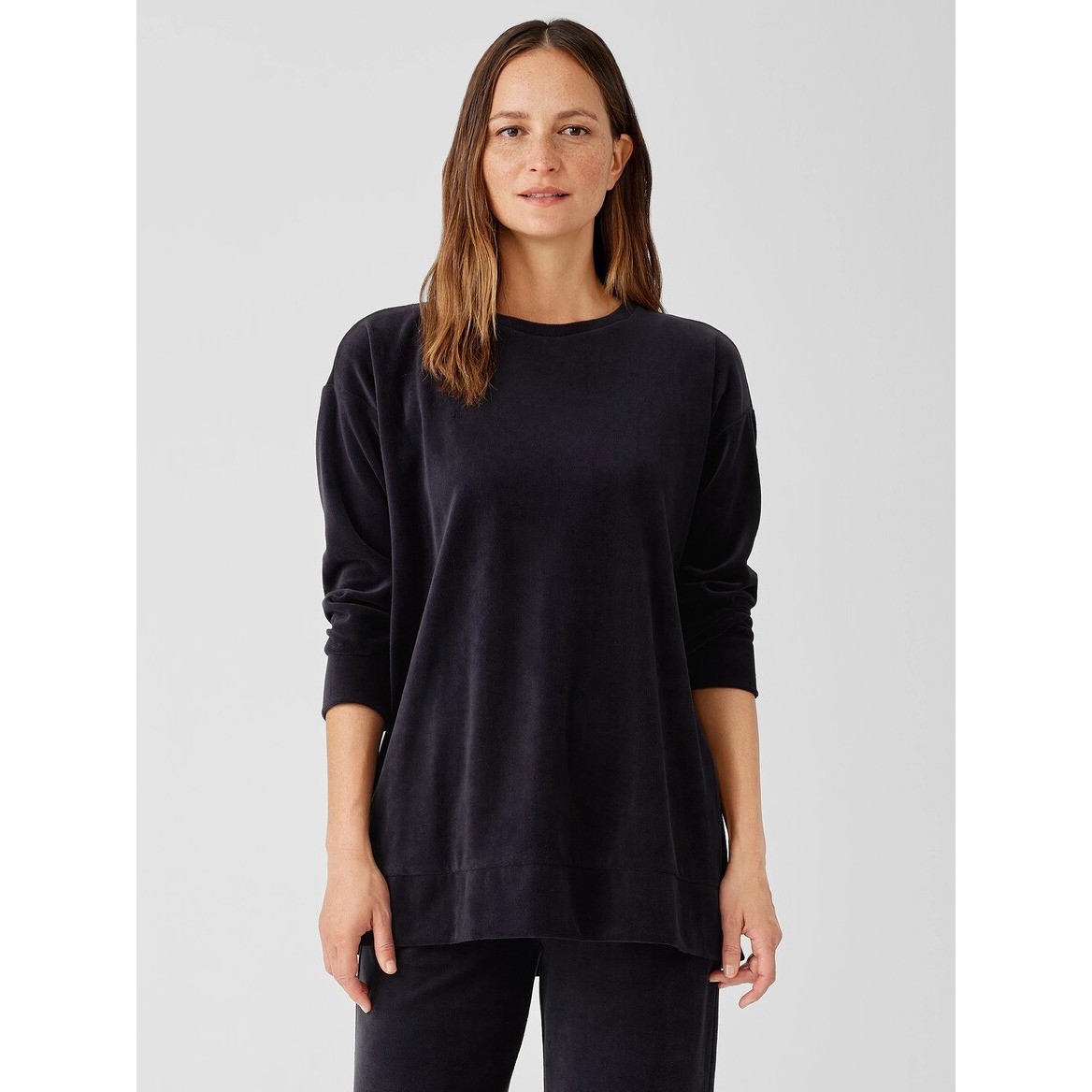 Eileen Fisher Velour Crew Neck Size M Black Organic Cotton Oversized Plush Cozy
