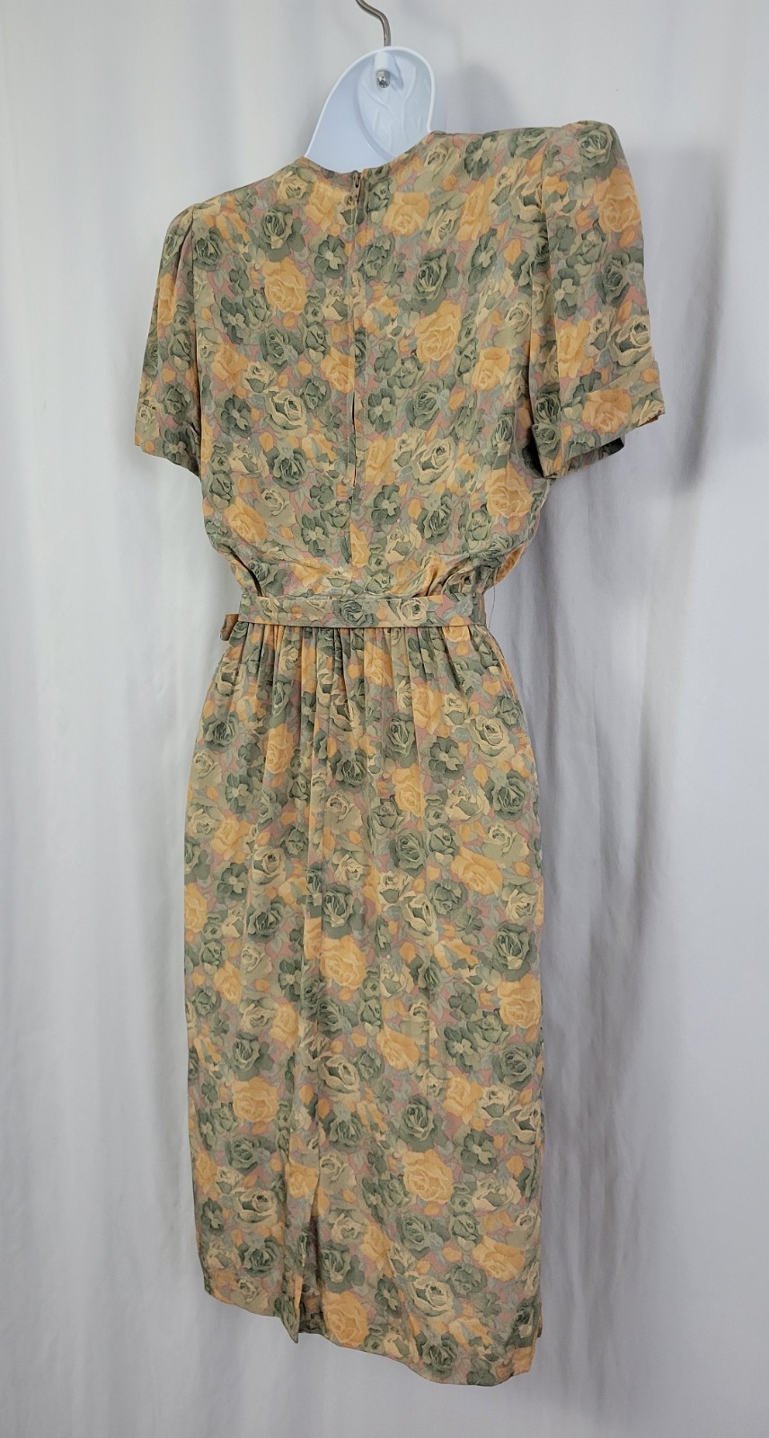 Vintage Taurus II Muted Green & Gold Floral Blouson Dress w Belt Size 4