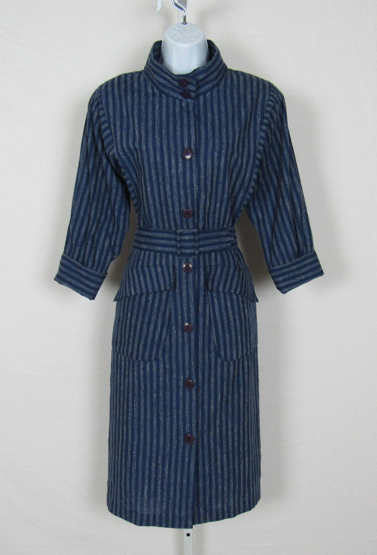 VTG 1970s 80s ALEXIS FASHIONS INC. DRESS SIZE 8 BLUE GRAY COTTON BLEND? BELT