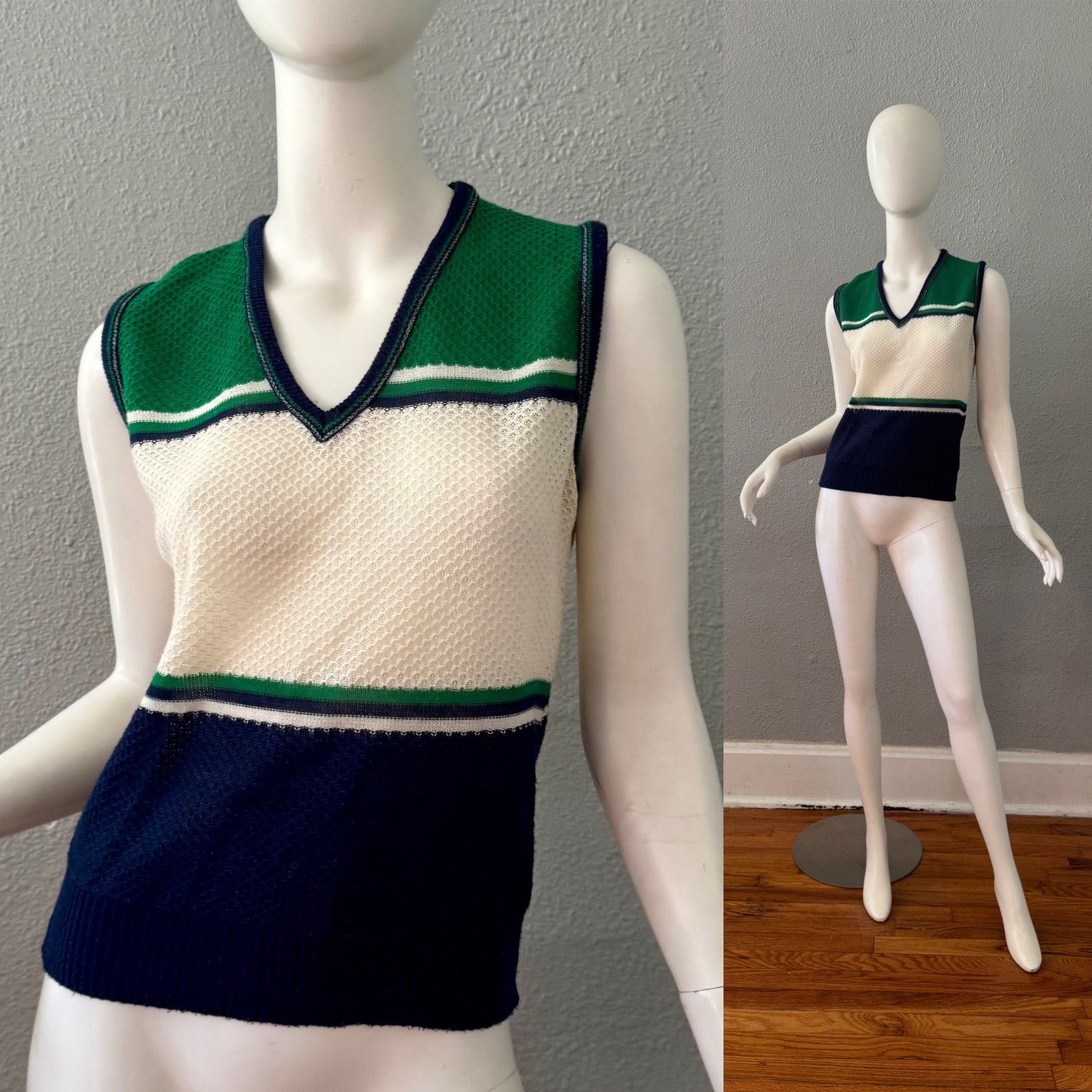 Vintage 70s Retro Green Preppy Knit Sweater Vest Top M