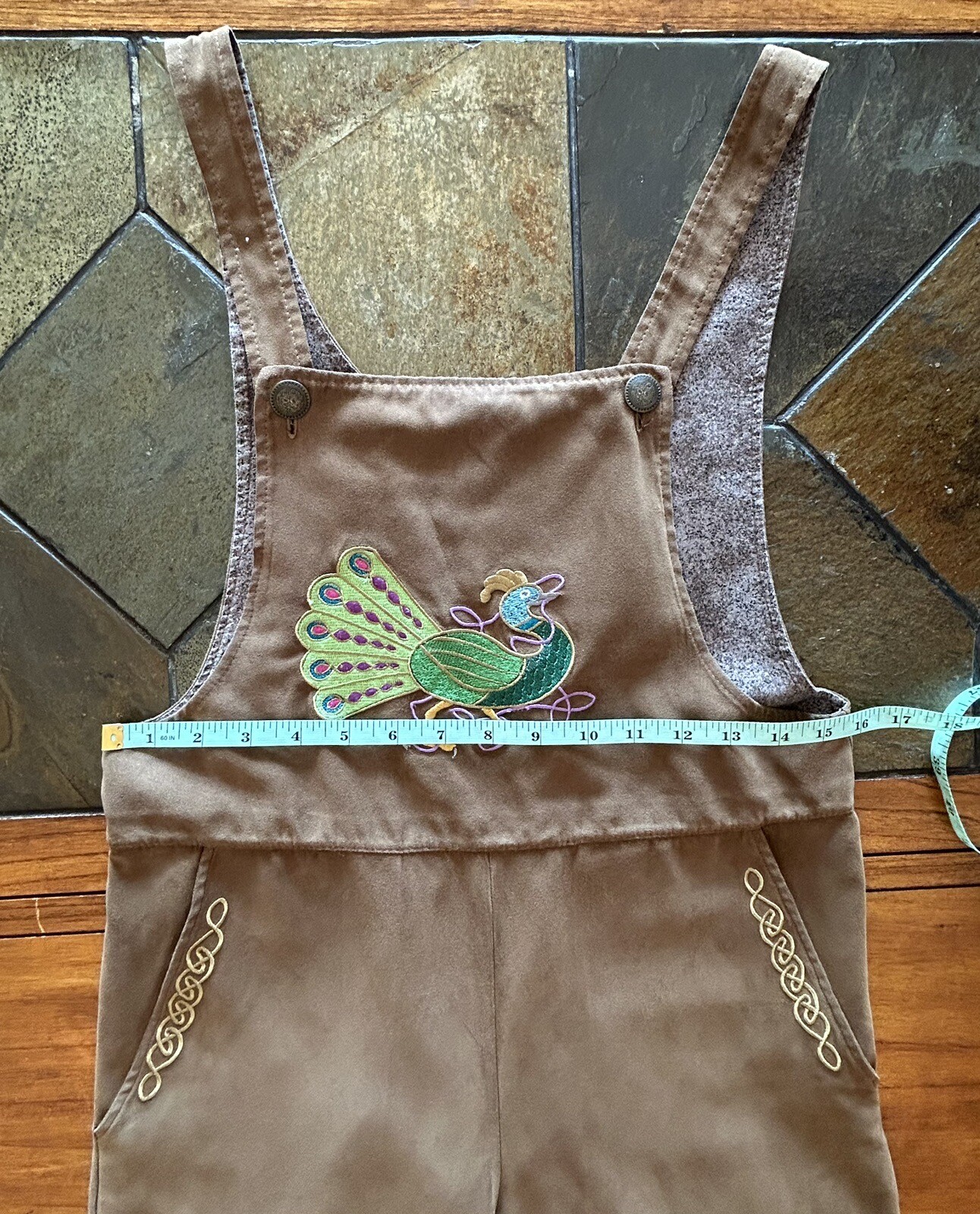 Vintage PEACOCK Embroidered Unique Handmade Bib Overall Boho Pants XS 28” Inseam
